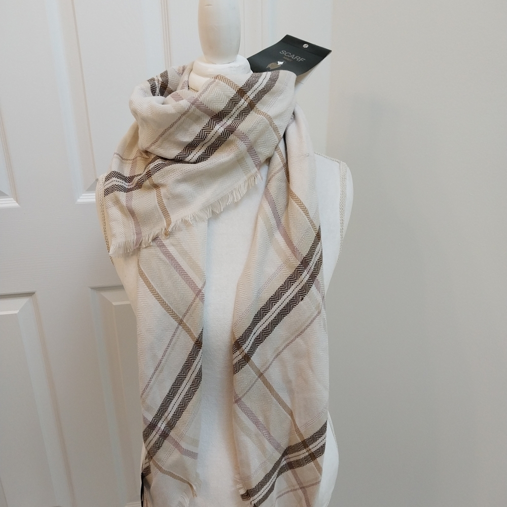 Plaid Lightweight Scarf in Cream and Taupe